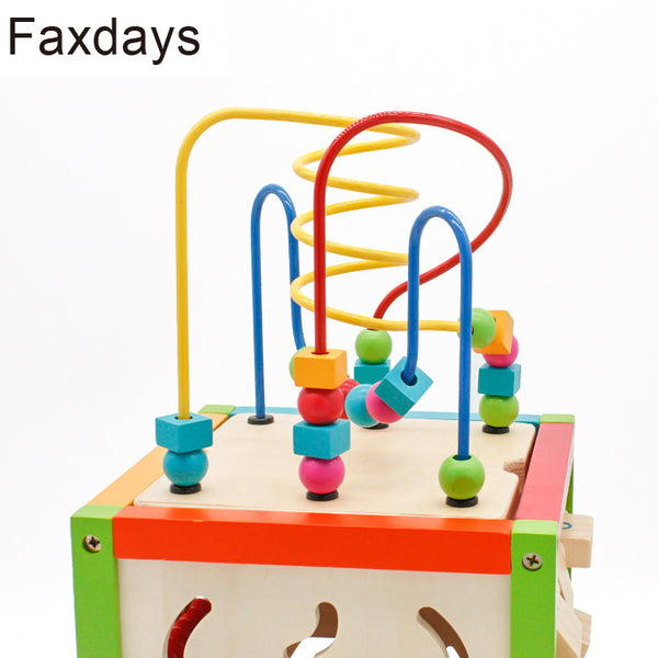 Faxdays Wooden Learning Bead Maze Cube 5 in 1 Activity Center Educational Toy