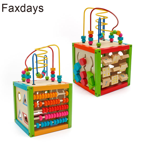 Faxdays Wooden Learning Bead Maze Cube 5 in 1 Activity Center Educational Toy