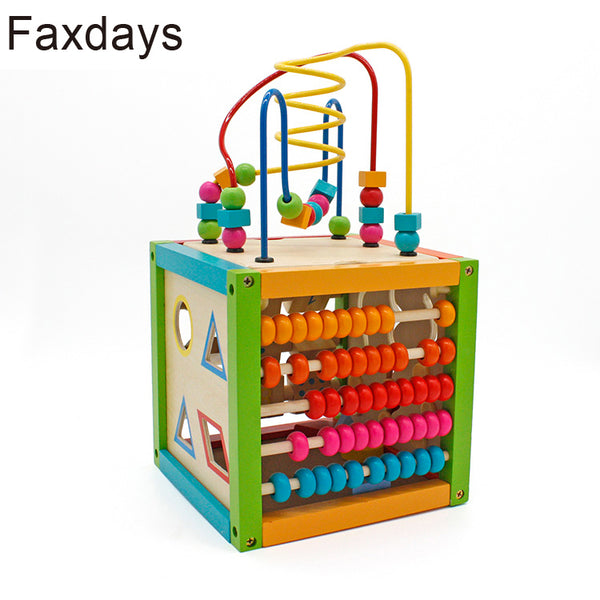 Faxdays Wooden Learning Bead Maze Cube 5 in 1 Activity Center Educational Toy