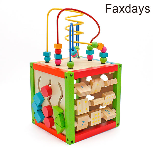 Faxdays Wooden Learning Bead Maze Cube 5 in 1 Activity Center Educational Toy